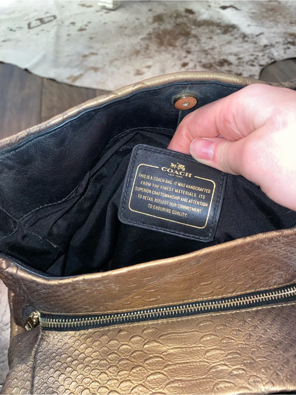 Coach Metallic Bronze Snake-Embossed Hobo with Black Strap